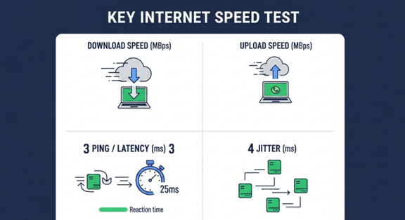 Infographic showing four key internet speed test metrics: download speed, upload speed, ping/latency, and jitter